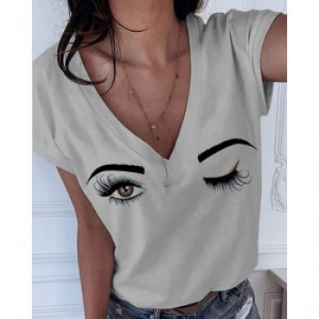 2020 Summer S-5XL Plus Size Eyebrows Eyes Deep V-neck Women's T-shirt New Solid Casual Women's Tops Short Sleeve Tshirts funny